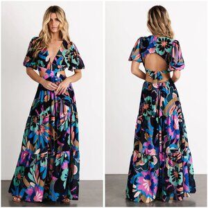 Baltic Born Open Back Floral Black Maxi Dress Bastina Size XL NWOT Flaws